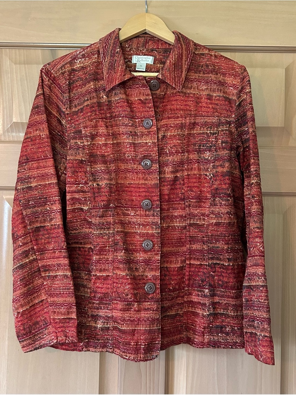 Vintage 2006 Christopher & Banks Tapestry Style Red Boho Artsy Jacket XL
